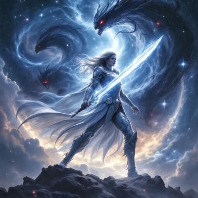 The primary subject of the image is a woman holding a sword, standing on a rocky surface. The setting is a night sky with a backdrop of stars, creating a dramatic and atmospheric scene. The visual style is a digital art or illustration, with the woman and the sword being the main focus of the image. The colors and mood are dark and dramatic, with the woman's outfit and the sword's design adding to the overall atmosphere.